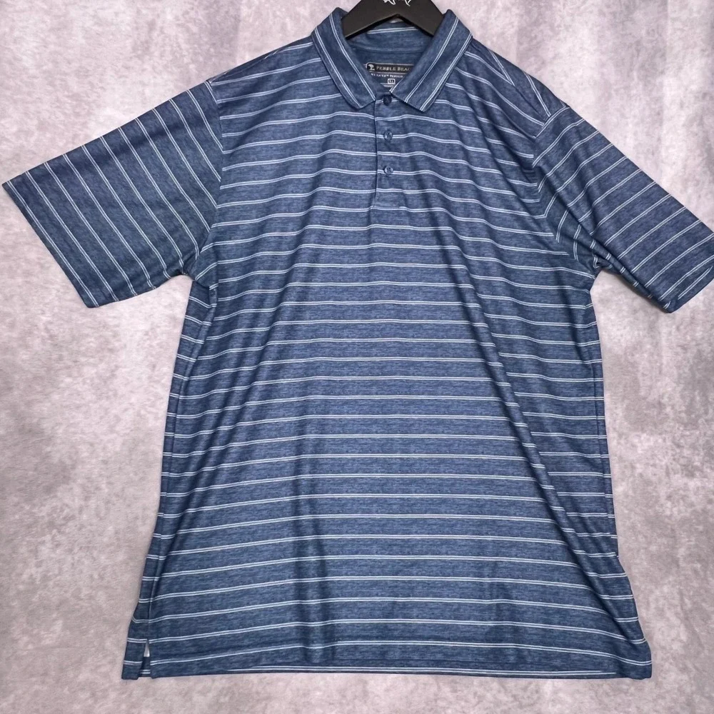 Pebble Beach Polo Shirt Men XL‎ Blue Excellent Striped Dry-Luxe Performance